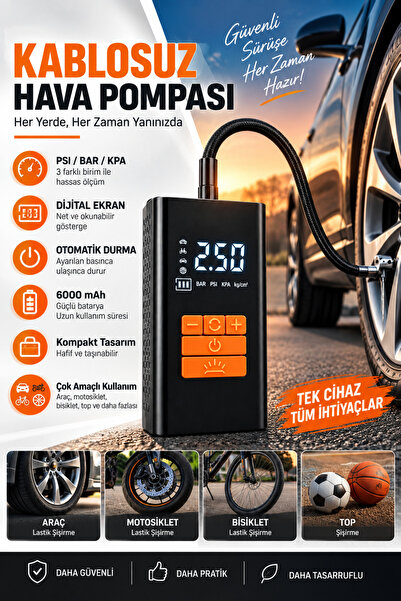 EN SİGA Şarjlı Hava Pompası 6000 mAh 150 PSI Dijital Ekranlı Araç Bisiklet La...