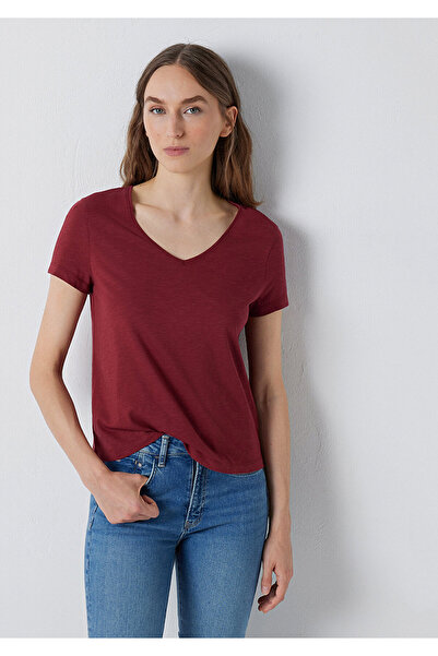Mavi V Yaka Bordo Basic Tişört Slim Fit / Dar Kesim 1614176-85347