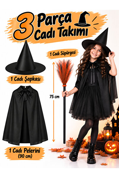 Parti dolabı Halloween Cadı Şapkası Süpürge, Siyah Pelerin Parti Seti, Cadıla...
