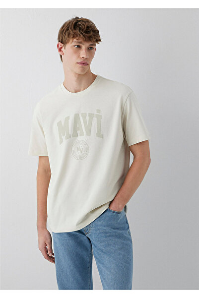 Mavi Logo Baskılı Bej Tişört Loose Fit / Bol Rahat Kesim 0612897-70134