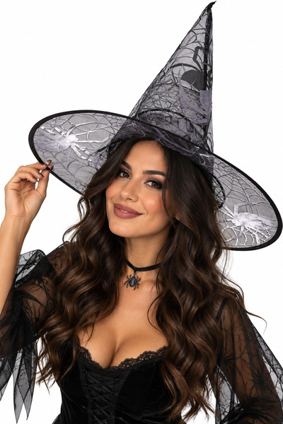 Parti dolabı Cadılar Bayramı Cadı Şapkası Gümüş Örümcek Ağ Desenli Halloween ...