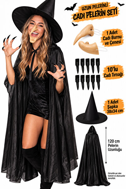 Parti dolabı Halloween 120cm Kapşonlu Pelerin Cadı Şapka+Burun+Çene+Tırnak+Di...
