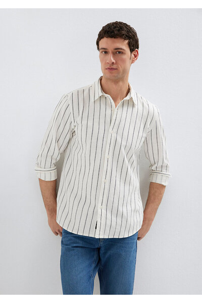 Mavi Cotton and Linen Blend Striped Regular Fit Long Sleeve Shirt Men's Shirt...