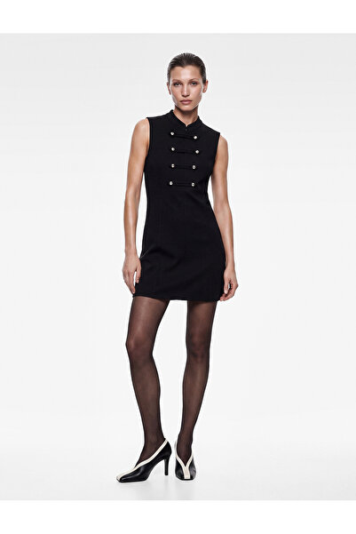 Koton Slim Fit Viscose Sleeveless High Neck Metal Button Detailed Mini Dress