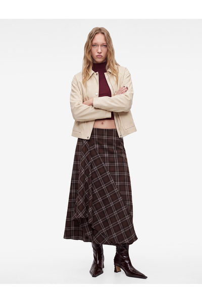 Koton Regular Waist A-Line Slit Plaid Midi Skirt