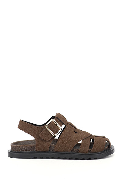 GÖNDERİ(R) Women's Brown Suede Buckled Straps Closed Toe Sandals