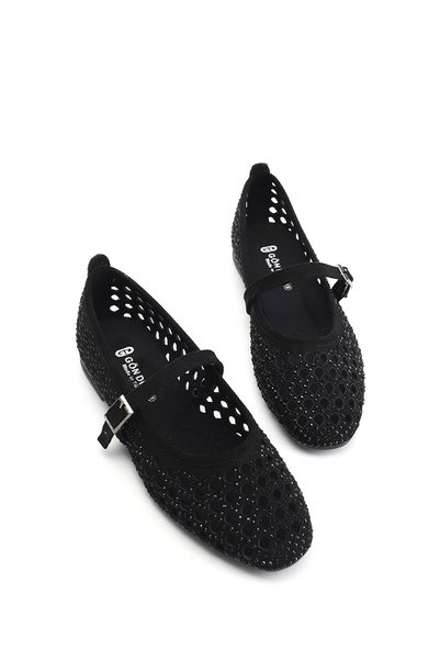 GÖNDERİ(R) Women's Black Suede Stone Mary Janes Ballet Flats