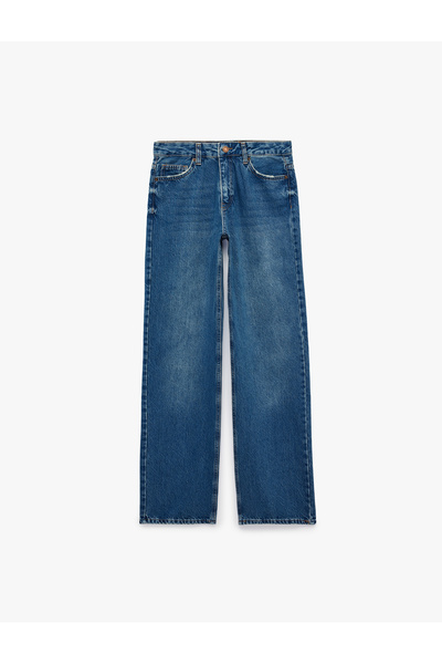 Koton Cotton Regular Cut Buttoned Straight Leg Washed Denim Trousers - Straig...