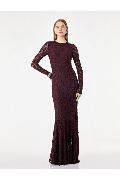 Koton Slim Fit Round Neck Long Sleeve Ruched Long Dress
