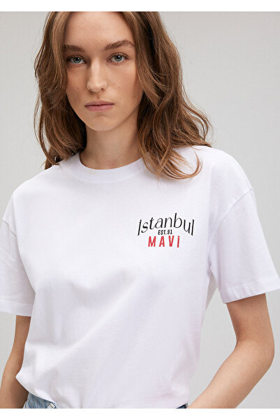 Mavi İstanbul Baskılı Beyaz Tişört Loose Fit / Bol Rahat Kesim 1612843-620