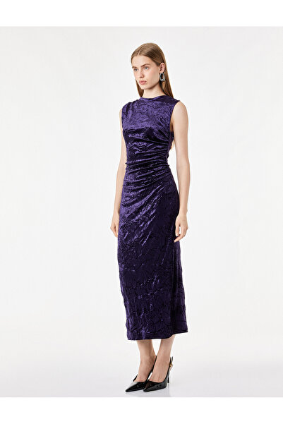 Koton Slim Fit Crew Neck Draped Sleeveless Textured Velvet Midi Dress