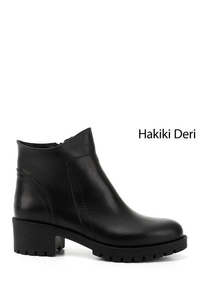 GÖNDERİ(R) Women's Black Zippered Thick Heeled Genuine Leather Boots