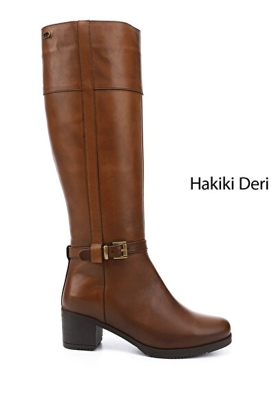 GÖNDERİ(R) Women's Tan Antique Zippered Thick Heeled Genuine Leather Boots