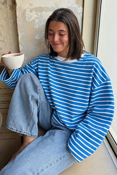 Madmext Turquoise Crew Neck Striped Long Sleeve T-Shirt Mg2362