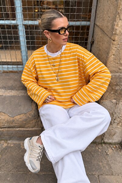 Madmext Mustard Crew Neck Striped Long Sleeve T-Shirt Mg2362
