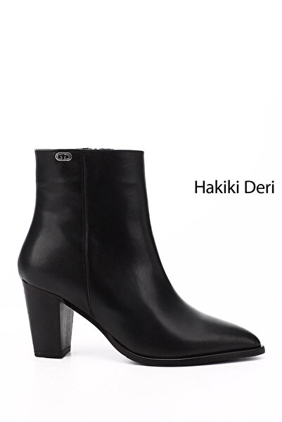 GÖNDERİ(R) Women's Black Zippered Pointed Toe Genuine Leather Boots