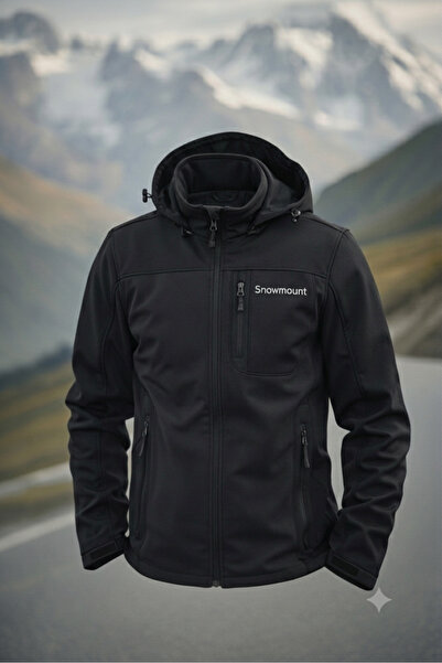 SNOWMOUNT Siyah Renk Softshell Sök Tak Kapüşonlu Kışlık Polarlı Mont Ceket