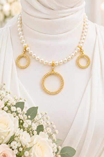 TwinsCollection Tam ve Çeyrekli Altın Uyumlu 8mm İncili 3'ü Bir Yerde Kolye -...
