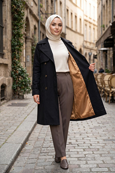 Zeneva Collection Siyah %100 Pamuk Gabardin Midi (95 cm) Astarlı Kemerli Kadı...