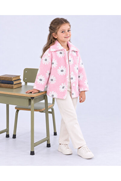 Eray Kids Papatya Desenli Kız Çocuk Düğmeli Gömlek Yaka Polar Ceket