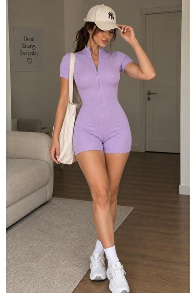 hipnoz butik Kadın Fermuarlı Kısa Kollu Spor Şort Tulum