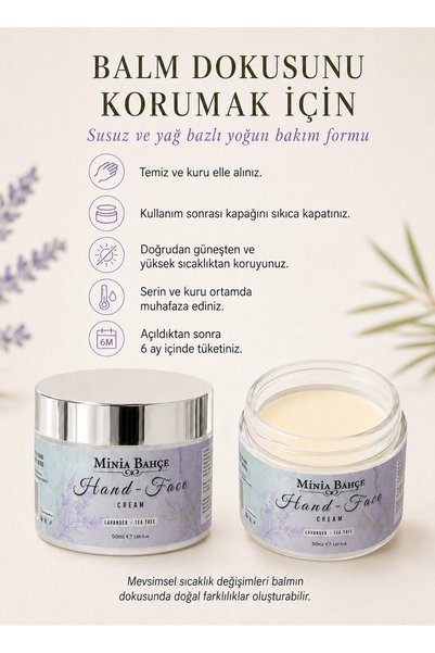 Minia Bahçe Bitki ve Sanat Atölyesi Protective & Nourishing Hand and Face Cream, 100% Pure and Without Additives, 50ml