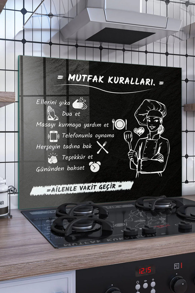 Decovetro Ocak Arkası Koruyucu Mutfak Kuralları Yazı Desenli 60x52Cm