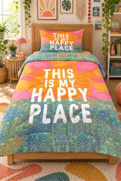 Evmila Happy Place Desenli Çift Taraflı 160x220 cm Uyku Seti, Çarşafsız Tek K...