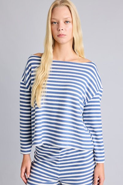 DeFacto Loose Fit Boat Neck Striped Long Sleeve T-Shirt I7945Ax26Au