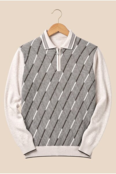 Kamalı Standard Fit Cream Color Polo Collar Anti-Pilling Knit Sweater