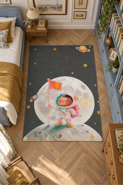 Evmila Ay Üzerinde Astronot Desenli Çocuk Odası Halısı Yıkanabilir Kaymaz Dot...