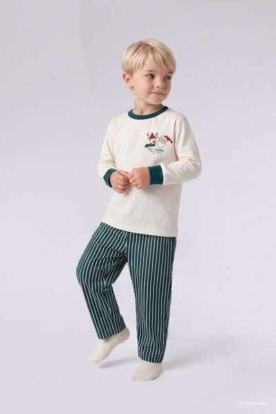 DeFacto Printed Long Sleeve Top Striped Bottom Flannel 2-Piece Woven Pajama S...