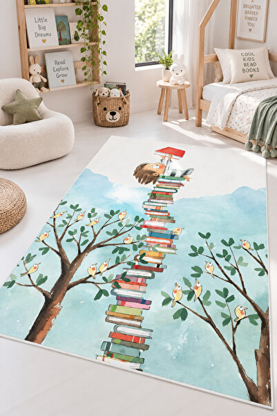 on the clouds Doğada Kitap Okuyan Çocuk Eğitici Okuma Temalı Kuş Ağaç Desenli...