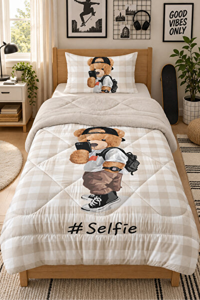 Evmila Selfie,Sırt Çantalı Cool Teddy Tek Kişilik 160x220 Cm Welsoft Çift Tar...
