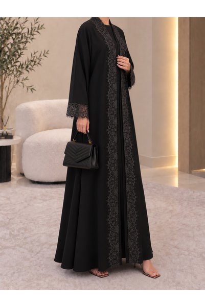 Generic Black Lace Abaya with Light Ceramic Fabric - Comfortable Abaya for Work and Occasions