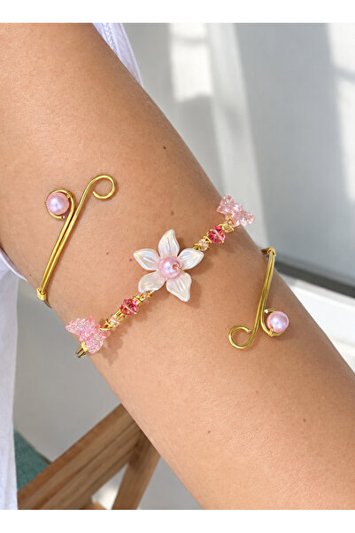 abeljewelry Pembe İnci Detaylı Çiçekli Kelebekli Ayarlanabilir Kol Pazu Bilek...