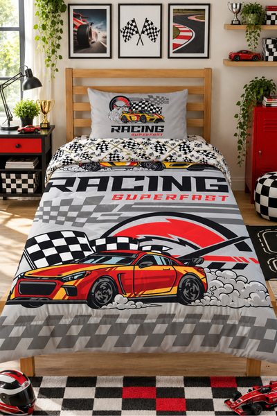 Evmila Racing Car Patterned Double-Sided 160X220 cm Sleeping Set, Single Quil...