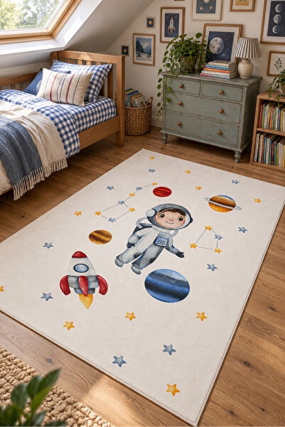 Evmila Astronot Roket ve Gezegen Desenli Çocuk Odası Halısı Yıkanabilir Kaymaz Dot Taban Dijital Baskı 7 mm