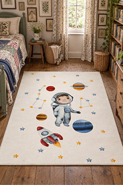 Evmila Astronot Roket ve Gezegen Desenli Çocuk Odası Halısı Yıkanabilir Kayma...