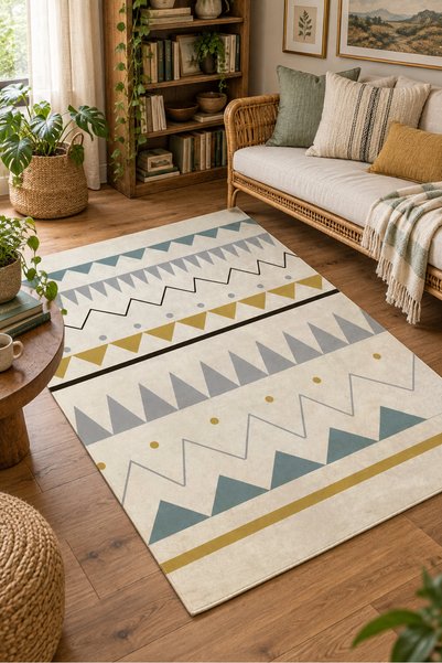 Evmila Desenli Geometrik Baskı Halı Modeli Kalın 8mm