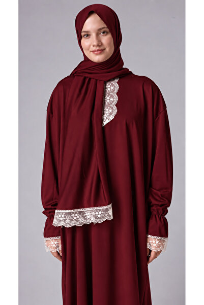 Kutay Collection Mevsimlik Kendinden Başörtülü Dantelli Kadın Namaz Elbisesi,...