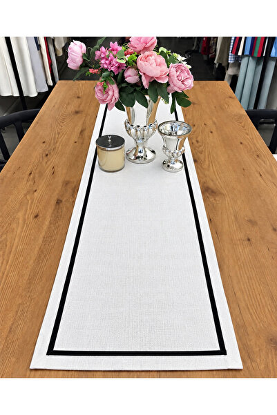 Dekorluk Concept Linen Keten Kumaşa Biyeli Runner-Beyaza siyah biyeli