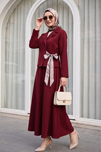 Modamorfo Shirt Collar Side-Tie Skirt Dabıl Set - Burgundy