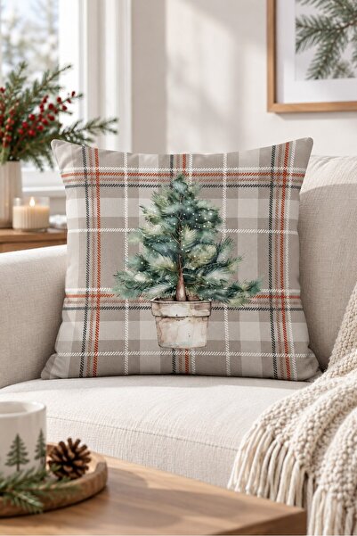 Evmila Pine Tree and Plaid Patterned Digital Printed Suede Cushion Cover - 43...