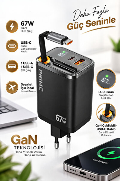 CROW'S TECH 65W Turbo Şarj Aleti Hızlı Şarj Çekilebilir Toplamalı Kablo 67w 1...
