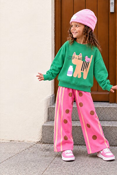 Monila Kız Çocuk Yeşil Kedi Baskılı Pamuklu Sweatshirt ve Pembe Puantiyeli Eş...