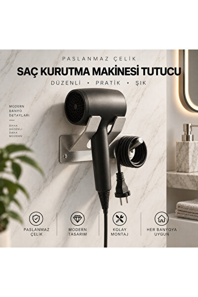 LİDERSAN Paslanmaz Çelik Saç Kurutma Askısı Tutacağı, Yapışkanlı & Vidalı