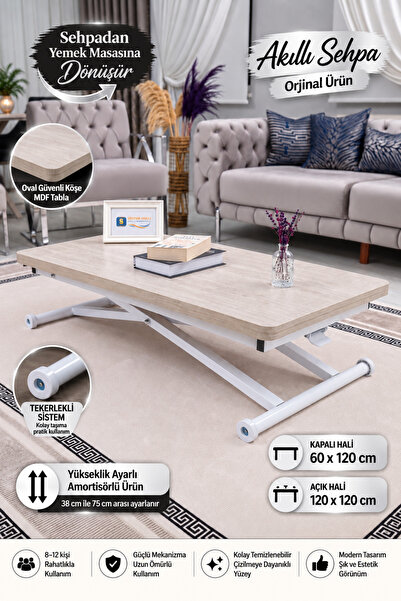 SEHPAM AKILLI Akıllı Sehpa Home Üst Tabla Mdf Lizbon Alt Mekanizma Beyaz Renk