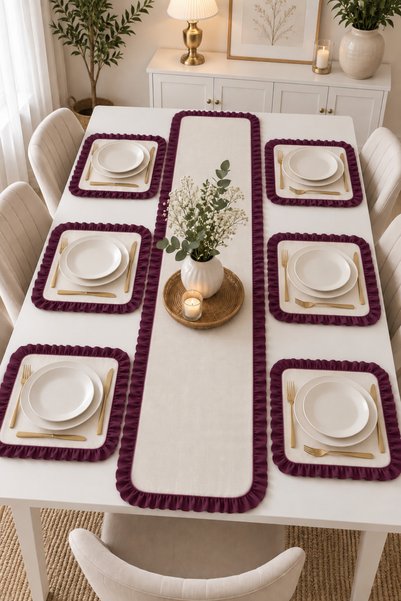 ZİLCA HOME 7-Piece Ruffled Runner and American Service Set – Burgundy Detailed Tableware Set for 6 People