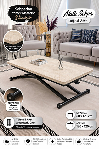 SEHPAM AKILLI Akıllı Sehpa Home Üst Tabla Mdf Traverten Oval Güvenli Köşe Alt...